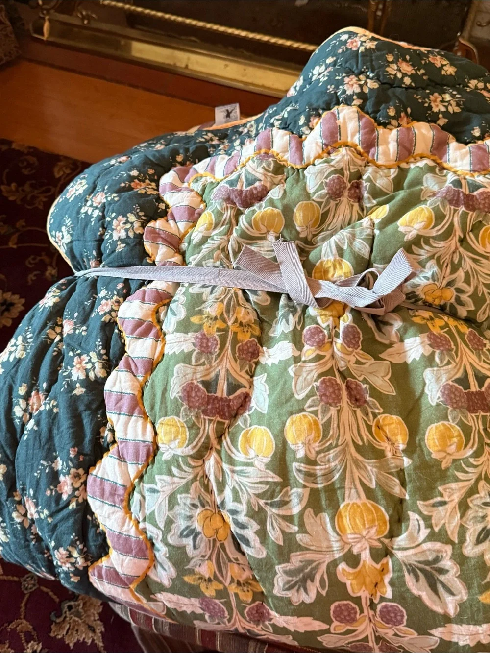 Anthropologie Lluka Green Floral Quilted Coverlet with Pink and Mustard Accents